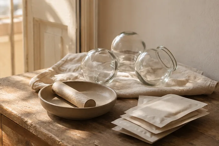 Material de acupuntura ordenado sobre una mesa de madera, junto a una ventana.