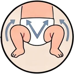 Dibujo: las piernas de un bebé abiertas en «M», con las rodillas más altas que el culete.