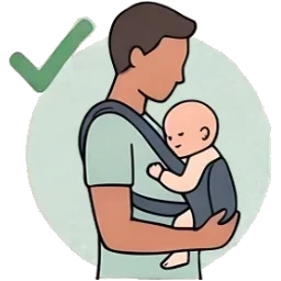 Dibujo marcado como correcto: un padre lleva a su bebé en una mochila, mirando hacia él, barriga con barriga.