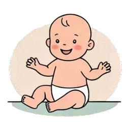 Dibujo: un bebé sonriente, sentado en el suelo con los brazos abiertos.