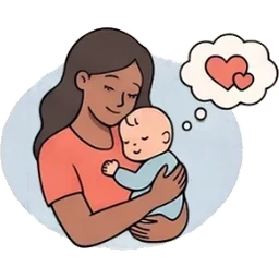 Dibujo: una madre abraza contra su pecho a su bebé dormido.